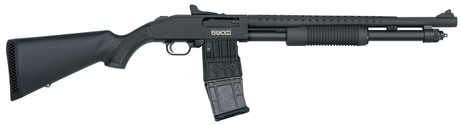 Mossberg 50206 590M Mag-Fed 12 Gauge 2.75" 10+1 18.50" Cylinder Bore Barrel Matte Blued Rec with Ghost Ring Sight Black Synthetic Stock Right Hand