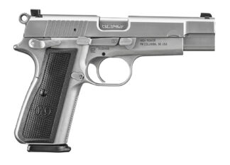 FN 66101116 High Power  9mm Luger 10+1 4.70" Black Target Crown Steel Barrel, Stainless PVD Serrated Steel Slide, Matte Stainless Steel Frame w/Beavertail, Black Textured Polymer Grip, Ambidextrous