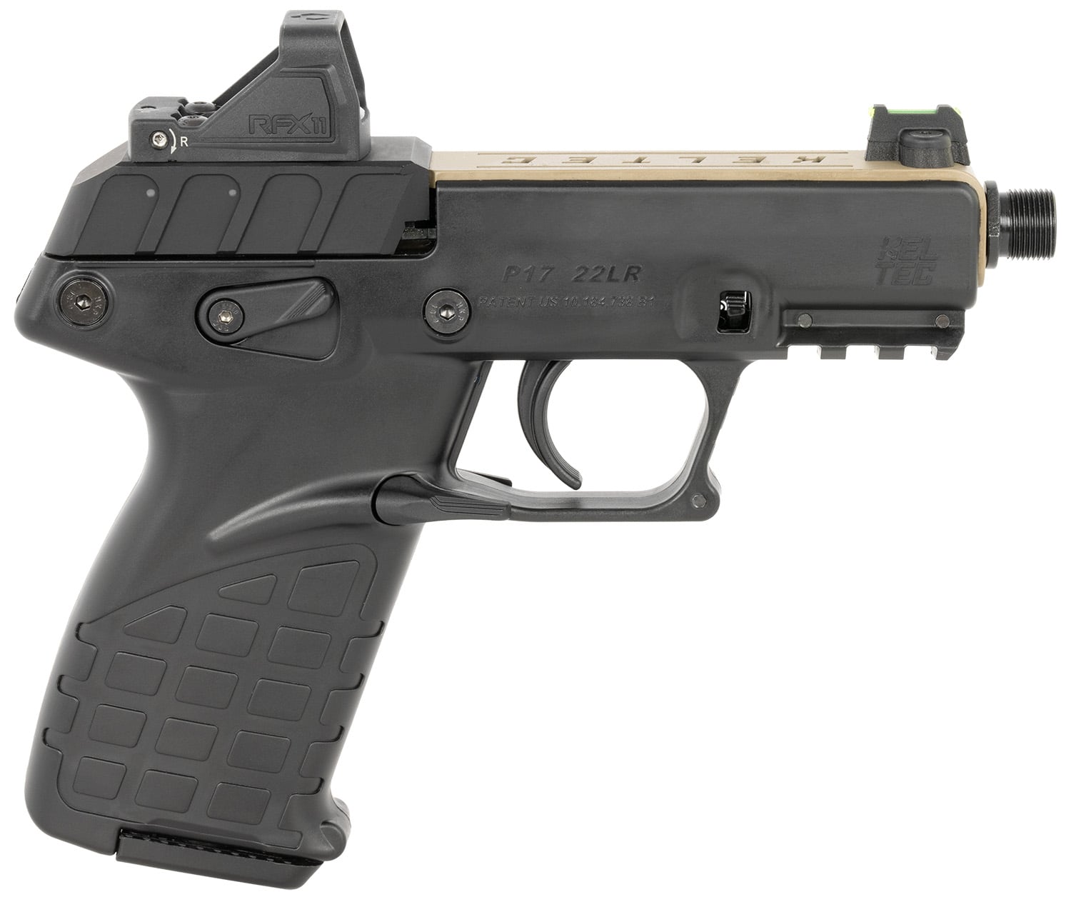 Kel-Tec P17 .22 LR pistol with optic and accessories in tan/black finish