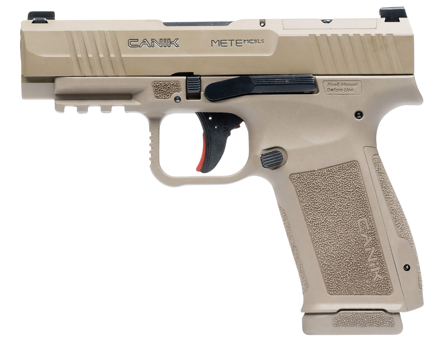 Canik HG7885CAD-N Mete MC9LS *CA Compliant 9mm Luger 10+1 3.63" Black Steel Barrel, Desert Cerakote Steel Serrated Slide, Flat Dark Earth Polymer Frame w/Picatinny Rail, Interchangeable Backstrap Grip