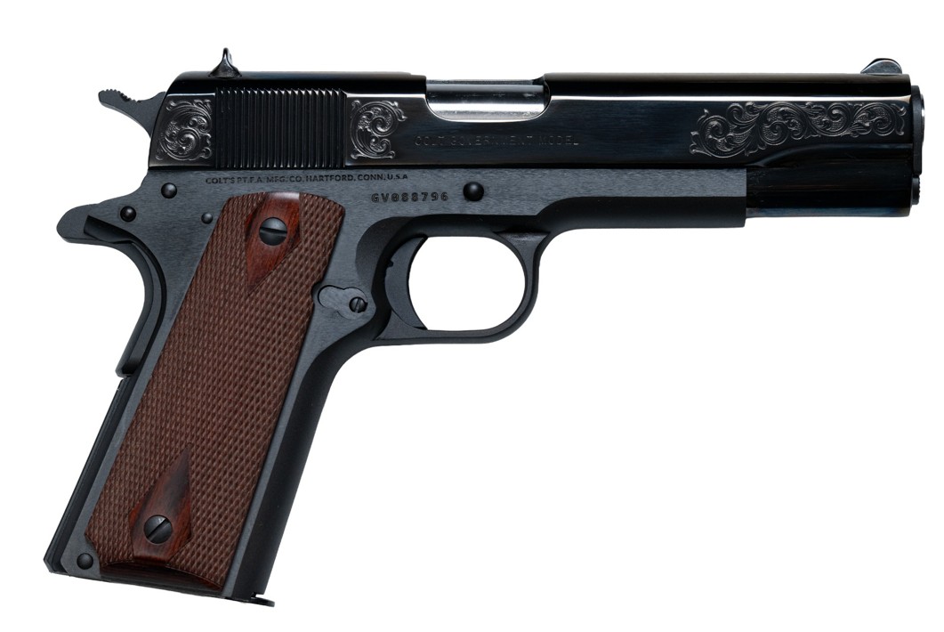 COLT 1911 GOVERNMENT CLASSIC 45ACP 5IN BARREL 7RD BLACK BARLEYCORN TABS GOLD SCROLLED O1911C-CX006T