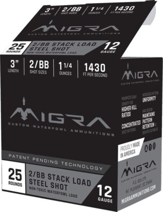 Migra Waterfowl Steel Shot Shotshell 12 ga 3" 1-1/4 oz 1430 fps #2-BB 25/ct
