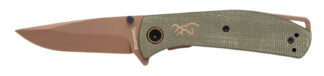 Browning 3220516B Trailside  EDC Small 3" Folding Modified Drop Point Plain Titanium Finish D2 Steel Blade, Green Micarta Handle, Boxed Pkg
