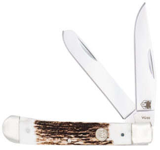 CobraTec Knives CTTDTRPSTAG Trapper  Folding 2.88" Clip Point, 2.94" Spey Plain Polished VG-10 SS Blades, 4.44" Stag Bone Scales/SS Handle