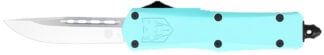 CobraTec Knives STBFS3DNS FS-3  Small 2.75" OTF Drop Point Plain D2 Steel Blade, 4.25" Mint Blue Aluminum Alloy Handle