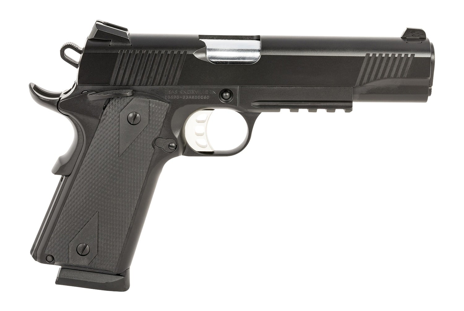 Tisas Arms 10100531 1911 Duty 9mm Luger 9+1 5" Stainless Barrel, Black Cerakote Carbon Steel Serrated Slide & Frame w/Picatinny Rail, Black Rubber Grip