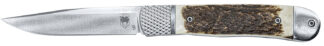 CobraTec Knives CTTHRSTG Trapper Hidden Release 3.12" Flip Open Drop Point Plain Satin D2 Steel Blade, 4.25" Stag Scales Handle