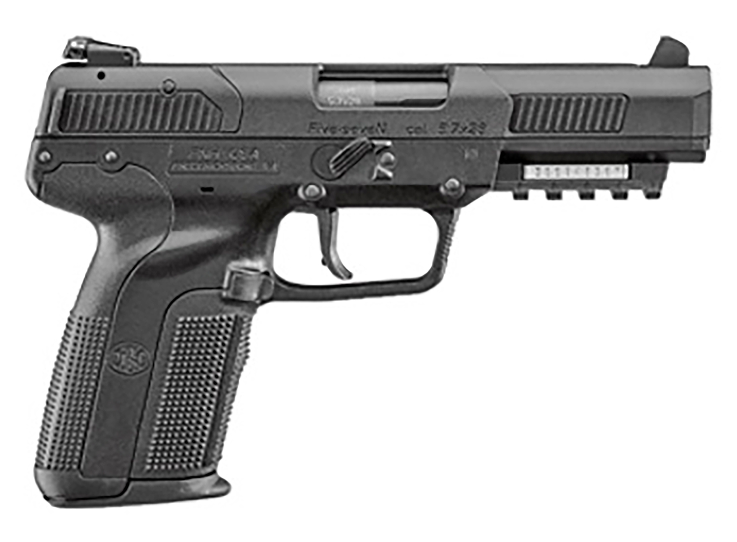 FN 3868900752 Five-seveN 5.7x28mm 4.80" Barrel 10+1, Matte Black Polymer Frame With Mounting Rail & Serrated Trigger Guard, Matte Black Steel Slide, Ambidextrous Safety
