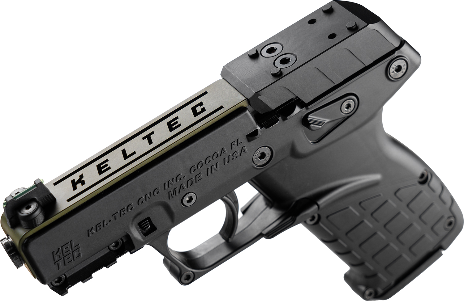 Kel-Tec P17BBLKORGRNS P17 Sports South Exclusive 22 LR 16+1 3.80" Black Steel Barrel, OD Green Optic Ready/Serrated Slide, Black Polymer Frame w/Picatinny Rail, Textured Grip