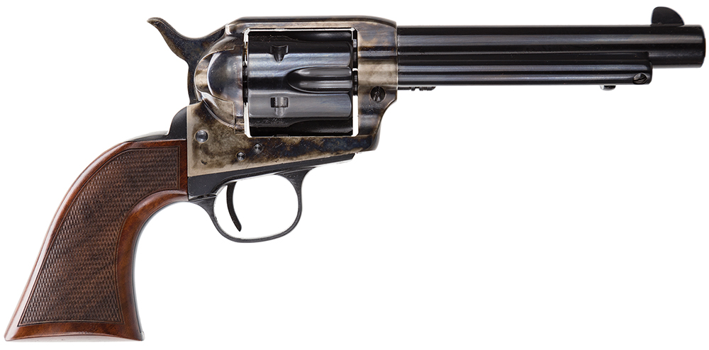 Taylors & Company 550811DE Smoke Wagon Uberti 357 Mag 6 Shot 5.50" Blued Round Barrel & Cylinder, Color Case Hardened Steel Frame, Checkered Walnut Navy Grip, Exposed Hammer