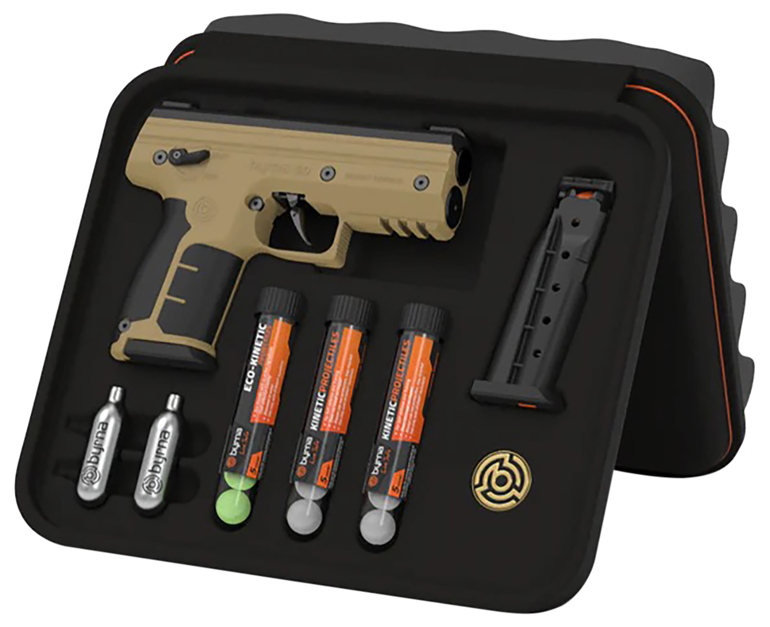 Byrna Technologies SK68300TANKINETIC SD Kinetic Kit CO2 .68 Cal 5rd, Tan Polymer, Black Rubber Honeycomb Grip, C02 & 15 Projectiles Included