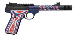 Browning 051615490 Buck Mark Freedom 250 SR 22 LR 10+1 5.90" Waving Flag Threaded Barrel, Blue Anodized Serrated w/Picatinny Rail  Aluminum Receiver, Red/White/Blue G10 Grip